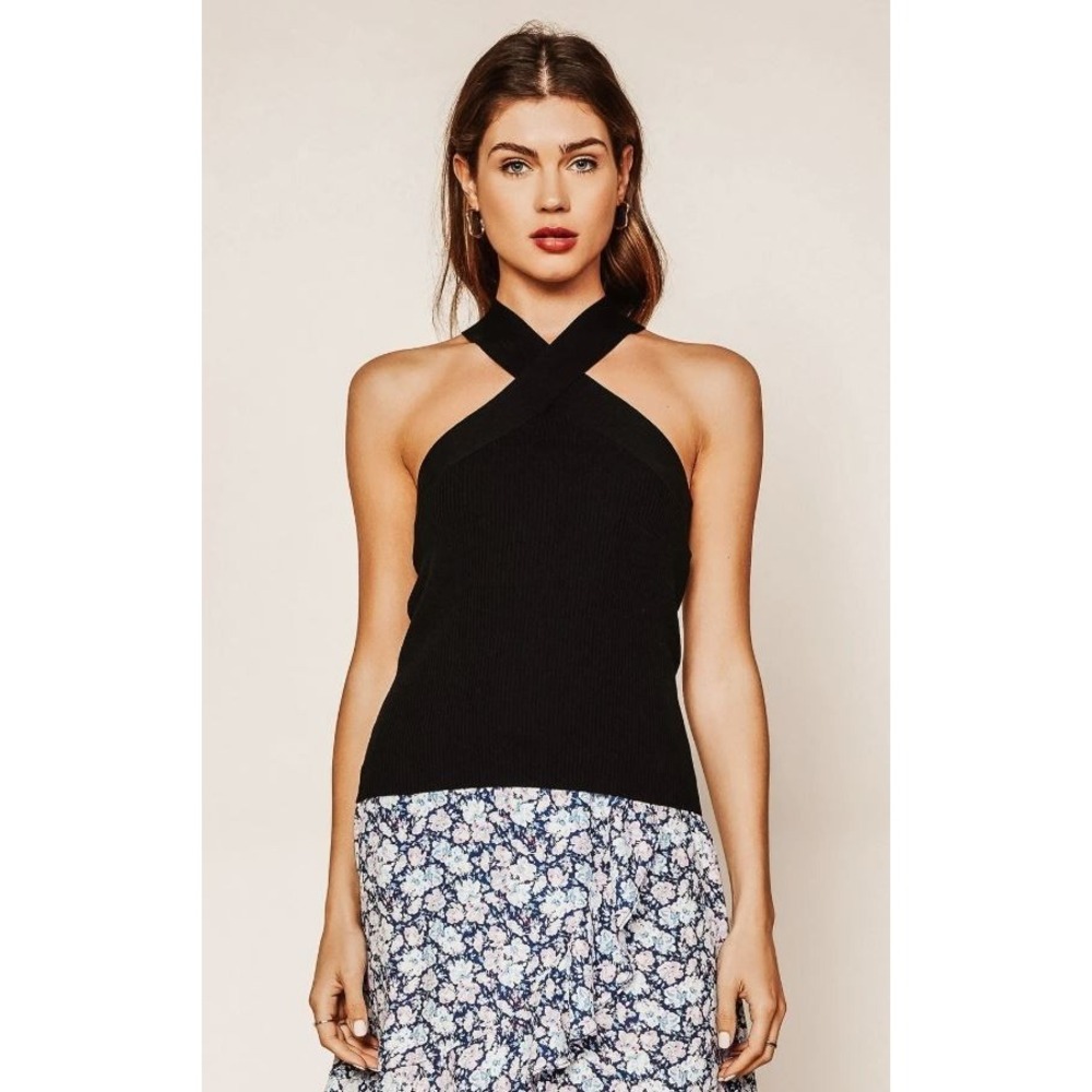 Halogen Women's Cross Neck Halter Ribbed Knit Sweater Tank in Black Large